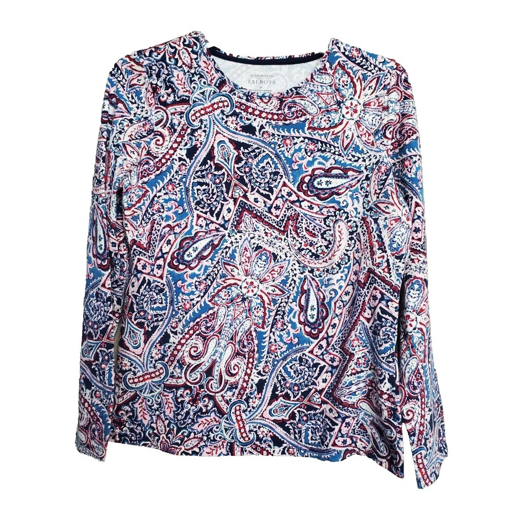Talbots Cotton/Spandex Blue/Pink Paisley Crew Neck Long Sleeve T-Shirt Size MED - Picture 1 of 5
